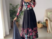 Black With Multi Color Floral Print  Organza Gown With Dupatta