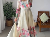 Off White Organza Multi Color Floral Print Gown With Dupatta