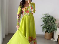 Liril Green Organza Multi Color Floral Print Gown With Dupatta
