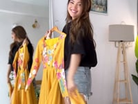 Brownish Yellow Organza Multi Color Floral Print Gown With Dupatta