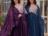 Teal Blue Embroidery Beads Sequins Work Georgette Gown With Dupatta