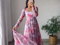 Off White Multi Color  Printed  Organza Anarkali Gown