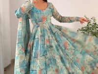 Multi Color Teal Blue  Floral Print Organza Gown