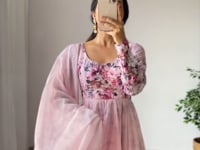 Light Peach Pink Floral Print Organza Gown