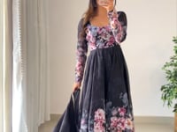 Black Floral Print Organza Anarkali Gown With Dupatta