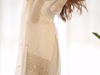 Off White Chinon Silk Straight Salwar Suit With Sequins Embroidery Work