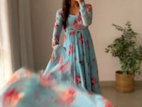 Sky Blue Georgette Floral Print Gown With Dupatta