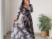 Grey Black Georgette Multi Floral Print Anarkali Gown With Dupatta