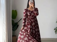 Dark Maroon Georgette Multi Floral Print Anarkali Gown With Dupatta