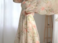 Off White Floral Print Organza Gown For Summer