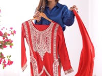 Milano Red Vichitra Silk Salwar Suit With Sequins Embroidery Work With Dupatta