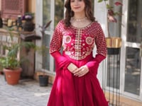 Maroon Red Attractive Sequins Embroidery Work Gown And Dupatta