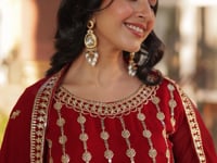 Dark Wine Zari Sequins Embroidery Work Gown And Dupatta