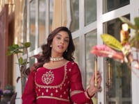 Wine Berry Faux Georgette Gown With Rich Sequins Embroidery Work