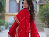 Hot Red Georgette Gown With Multi Sequins Embroidery Work With Dupatta