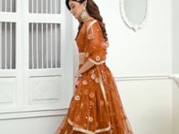 Brown Net Lehenga Choli With Thread Work & Paper Mirror Work With Fancy Lace