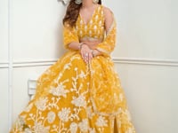 Yellow Net Lehenga Choli With White Cotton Thread Work, Zari Work & Sequence Work