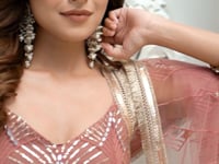 Dusty Onion Net Lehenga Choli With Thread Work, Mirror Work & Sequence Embroidery Work