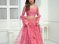 Bright Pink Net Lehenga Choli With Cotton Thread Work & Sequence Embroidery Work