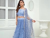 Sky Blue Net Lehenga Choli With Cotton Thread Work & Sequence Embroidery Work