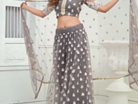Space Grey Net Lehenga Choli With Cotton Thread Work & Sequence Embroidery Work