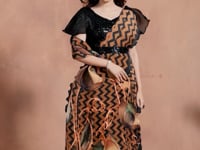 Brownish Orange Digital Print One Minute Saree With Hand Work Blouse