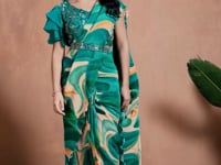 Bottle Green Digital Print Ready To Wear Saree With Hand Work