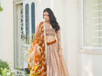 Brown Net Lehenga Choli With Cotton Thread Work & Sequence Embroidery Work