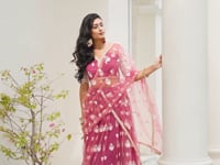 Dark Pink Net Lehenga Choli With Cotton Thread Work & Sequence Embroidery Work