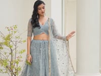 Blue Grey Net Lehenga Choli With Cotton Thread Work & Sequence Embroidery Work