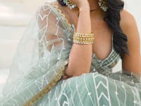 Dusty Green Net Lehenga Choli With Cotton Thread Work & Sequence Embroidery Work