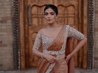 Pinkish Brown Duel Sequins With Pearl Work Ready To Wear Saree With Belt