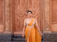 Yellowish Orange Pearl With Hand Work Ready To Wear Saree With Belt