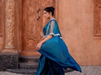 Teal Blue Duel Sequins With Hand Work Ready To Wear Saree With Poncho
