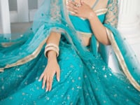 Fountain Blue Net Lehenga Choli With Cotton Thread Work & Sequence Embroidery Work