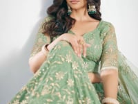 Light Green Net Lehenga Choli With Cotton Thread Work & Sequence Embroidery Work