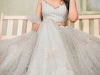 Light Grey Net Lehenga Choli With Cotton Thread Work & Sequence Embroidery Work