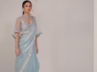Sky Satin Silk Ready To Wear One Minute Saree With Heavy Handwork Blouse