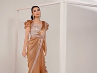 Mustard Satin Silk Ready To Wear One Minute Saree With Handwork Blouse