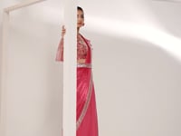 Cherry Red Satin Silk Ready To Wear One Minute Saree With Handwork Blouse