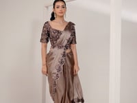 Coffee Satin Silk Ready To Wear One Minute Saree With Handwork Blouse