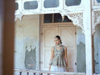 Off White Thread Sequins Embroidery Work Georgette Indo Western With Dupatta