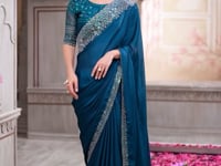 Peacock Blue Silk Party Wear Saree With Sequence & Thread Embroidery Work