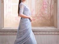 Sky Grey Georgette Party Wear jacket Saree With Sequence & Thread Embroidery Work