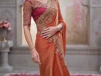 Rust Orange Chiffon Silk Party Wear Saree With Sequence & Thread Embroidery Work