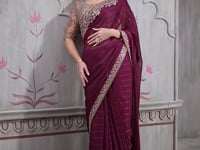 Wine Georgette Party Wear Saree With Sequence & Thread Embroidery Work