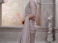 Pearl Grey Georgette Party Wear jacket Saree With Sequence & Thread Embroidery Work