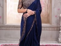 Navy Blue Satin Georgette Party Wear Saree With Sequence & Thread Embroidery Work