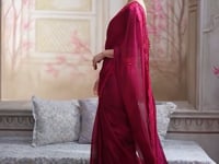 Wine Red Satin Georgette Party Wear Saree With Sequence & Thread Embroidery Work