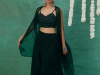 Dark Green Indo Western Khatli Work Blouse With Sharara And Cap